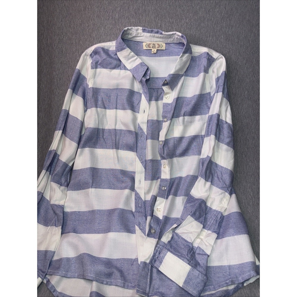 Pink Rose Women's Button Front Shirt Blue White Striped Long Sleeve Size Large